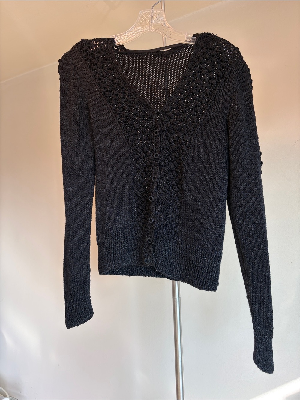 Vintage 1940s 1950s Hand Knit Silk Rayon Lace Pointelle Cardigan Sweater Black M
